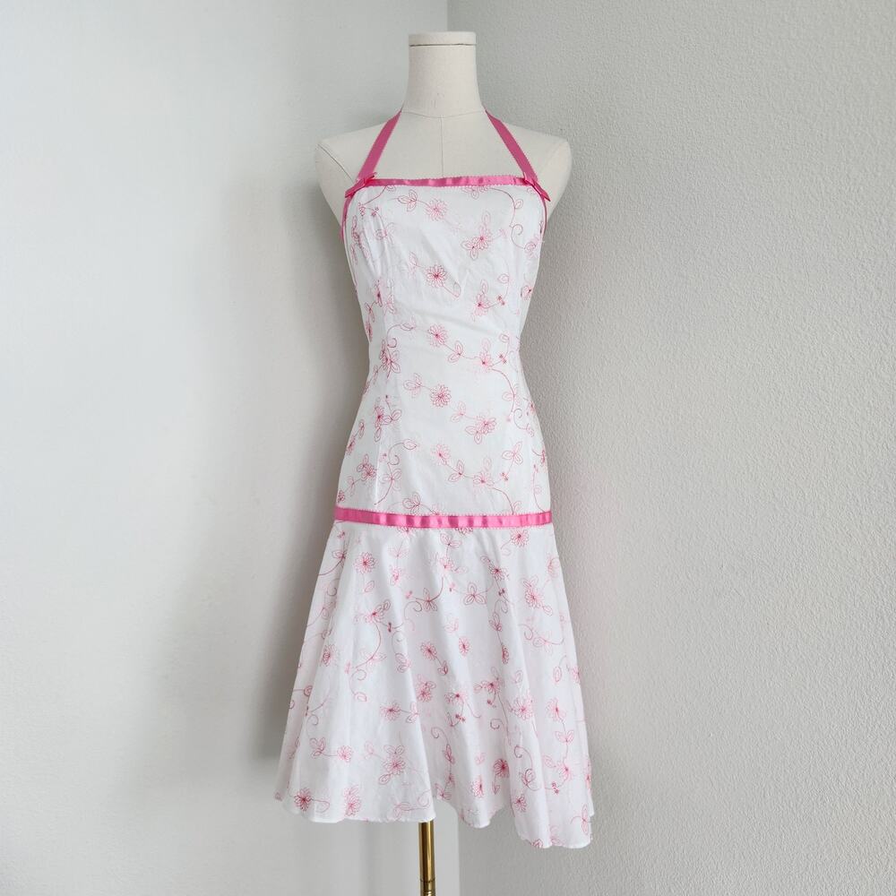 Vintage Y2K White Pink Floral Embroidered Halter Drop Waist Cotton Dress 4